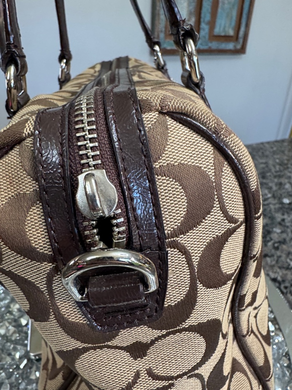 Coach Nancy satchel Signature Canvas Satchel with Dark Brown patent Trim - Picture 8 of 14